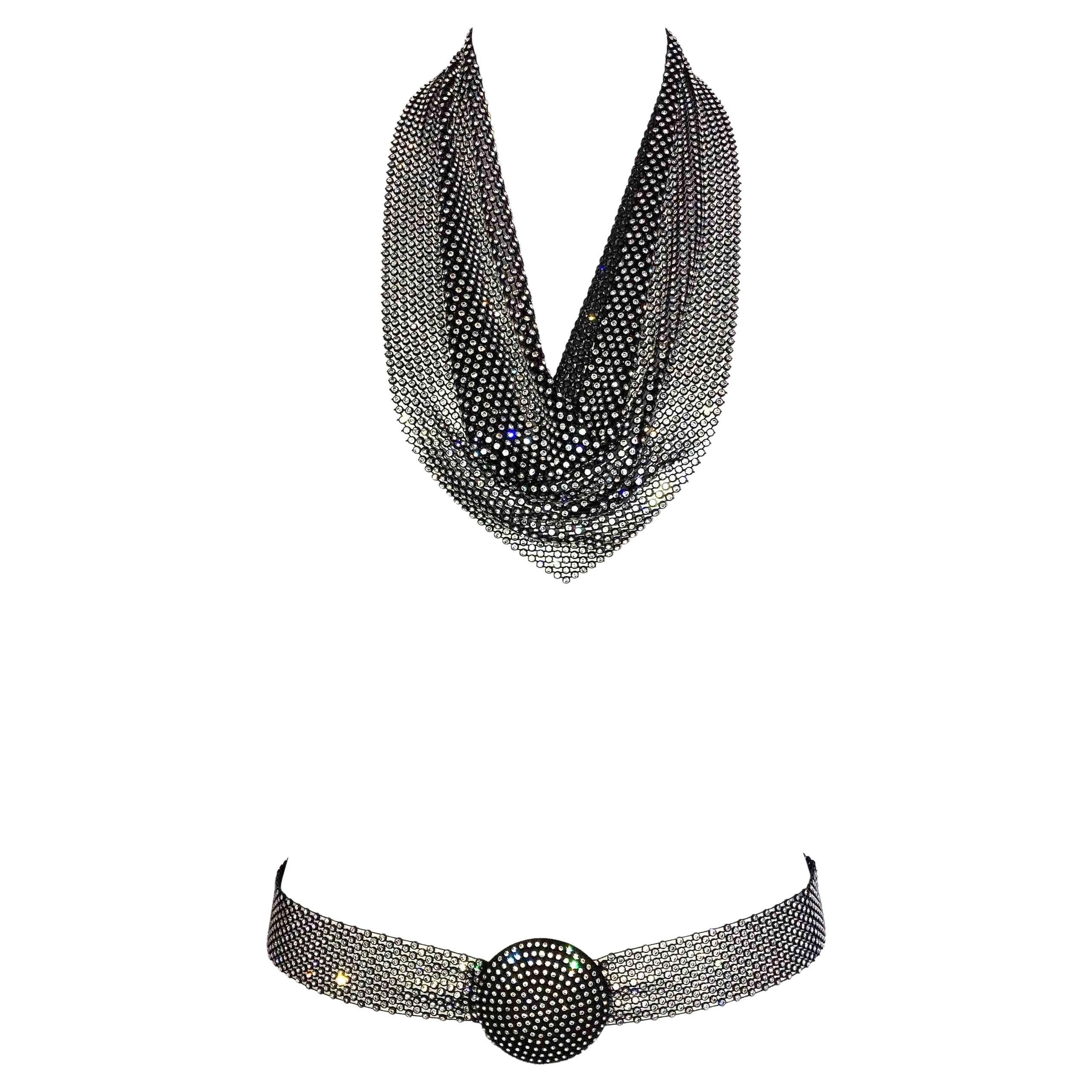 1970s Vintage - Necklace + Belt Set - Diamante Rhinestone - Cowl Neck 