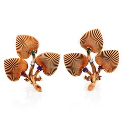 1970's Vintage Diamond Multicolor Gem Yellow Gold Leaf Clip On Earrings