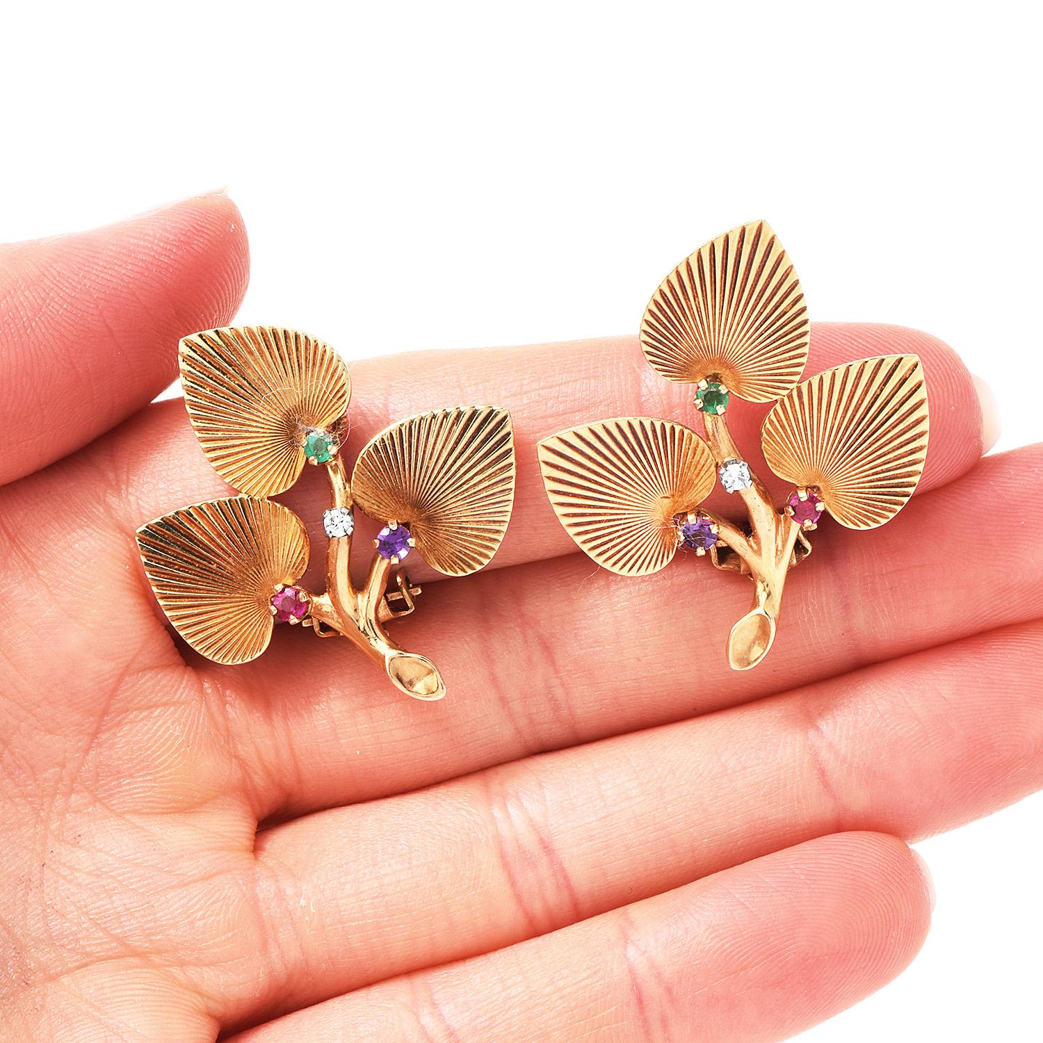 1970's Vintage Diamond Multicolor Gem Yellow Gold Leaf Clip On Earrings In Excellent Condition In Miami, FL