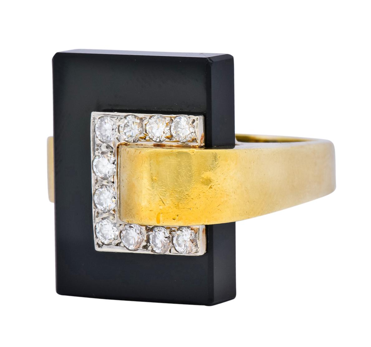 1970s Vintage Diamond Onyx 18 Karat Yellow Gold Modernist Ring 1