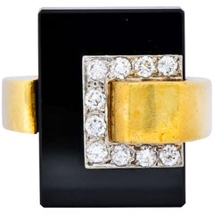 1970s Vintage Diamond Onyx 18 Karat Yellow Gold Modernist Ring