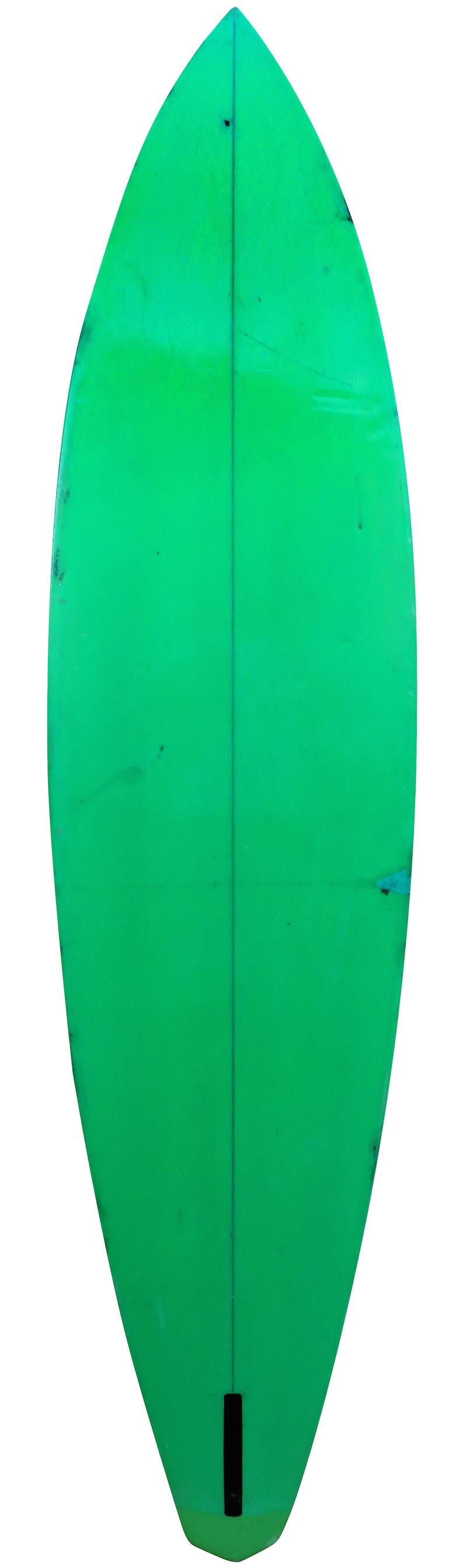 Mid-1970s Duryea single fin surfboard made in San Diego, California. Features a purple tinted deck/green tinted bottom, double pin stripe design, and diamond tail shape. This vintage surfboard remains in all original condition.
