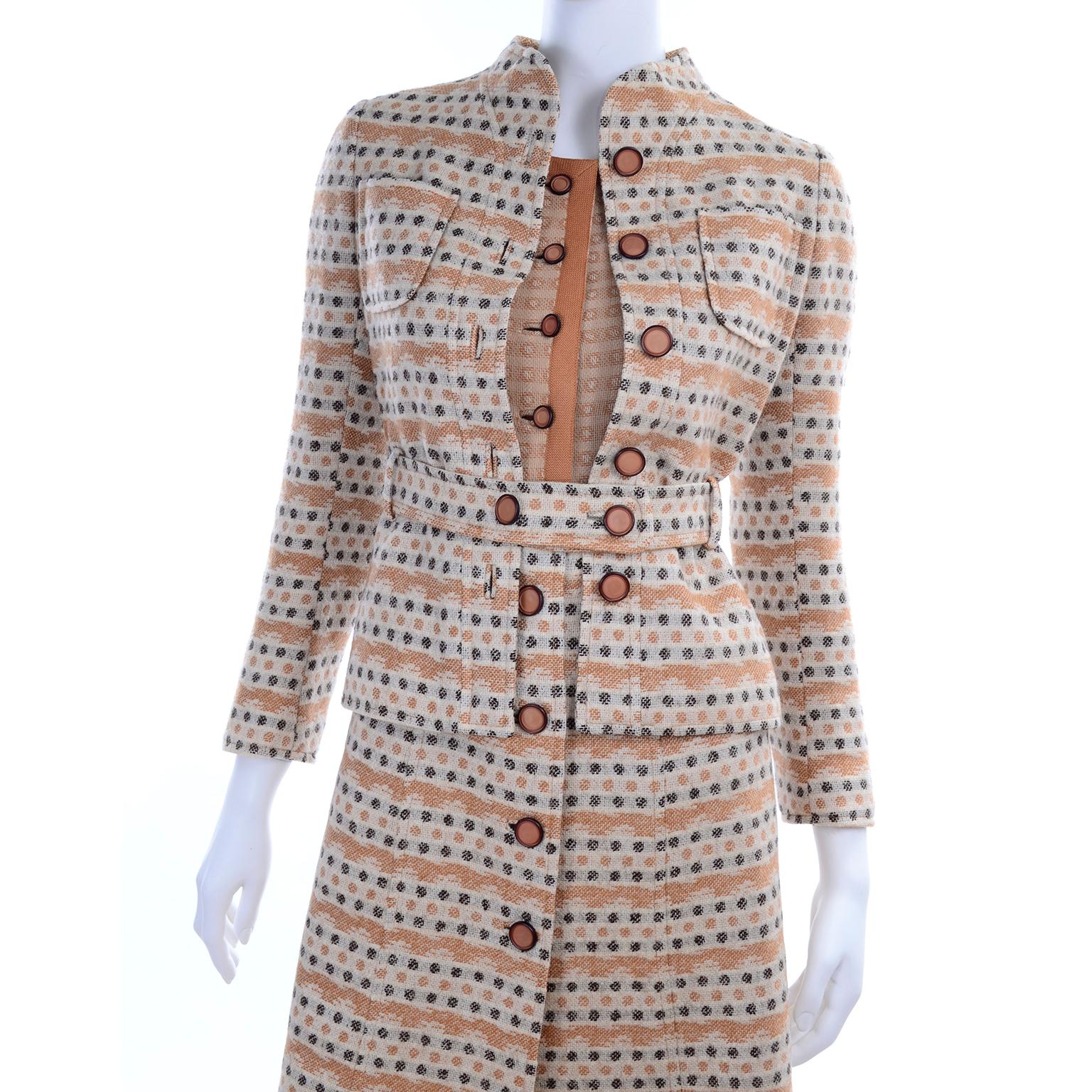 1970s Vintage Emanuel Ungaro Knit Dress & Jacket Suit in Orange & Gray Print 8