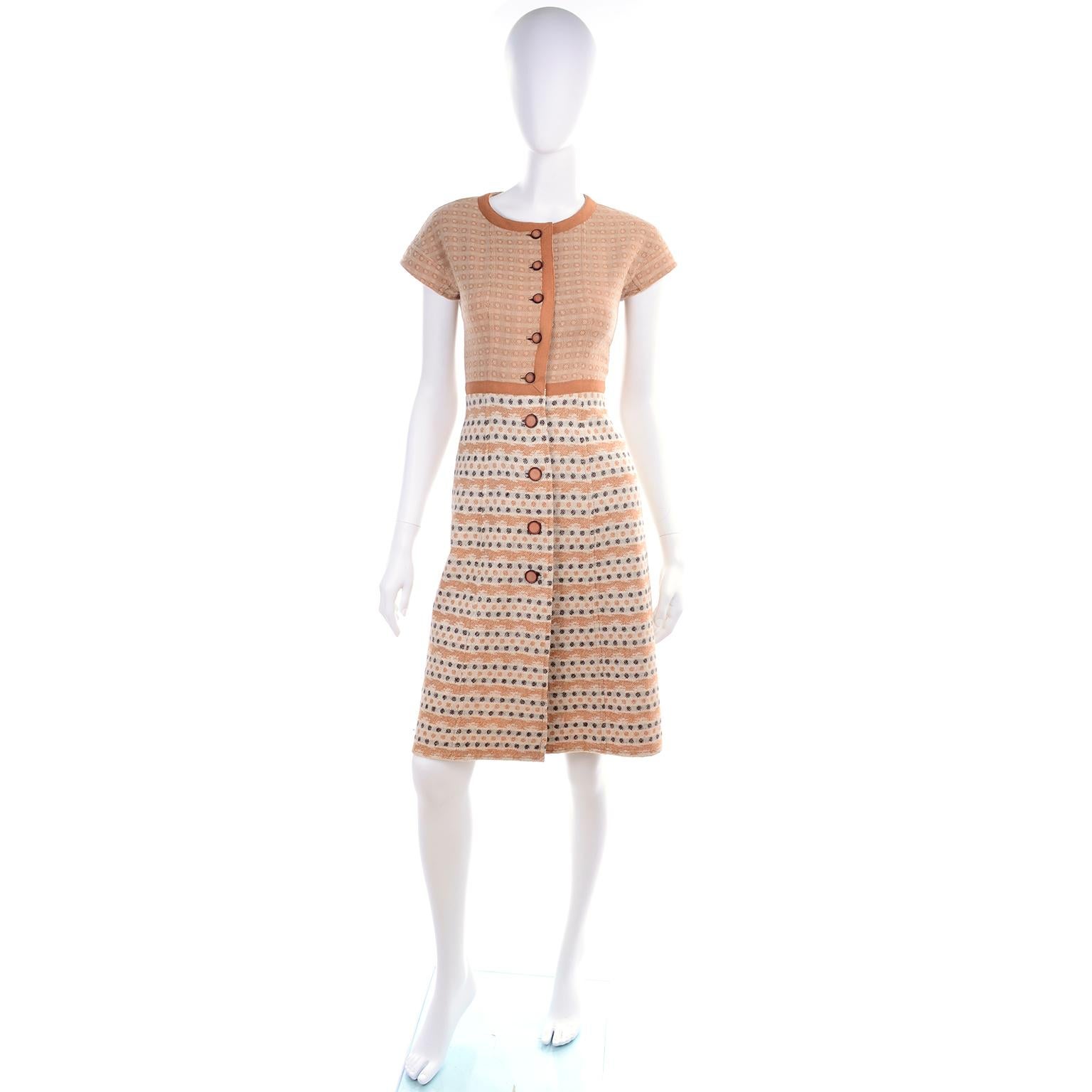 Brown 1970s Vintage Emanuel Ungaro Knit Dress & Jacket Suit in Orange & Gray Print