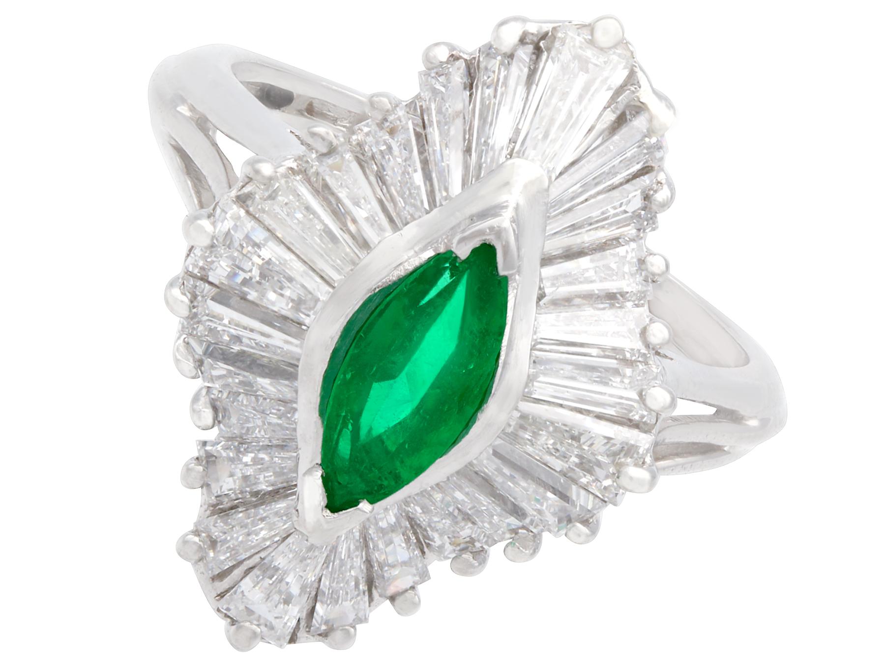 Marquise Cut 1970s, Vintage Emerald and 1.85 Carat Diamond Platinum Marquise Ring