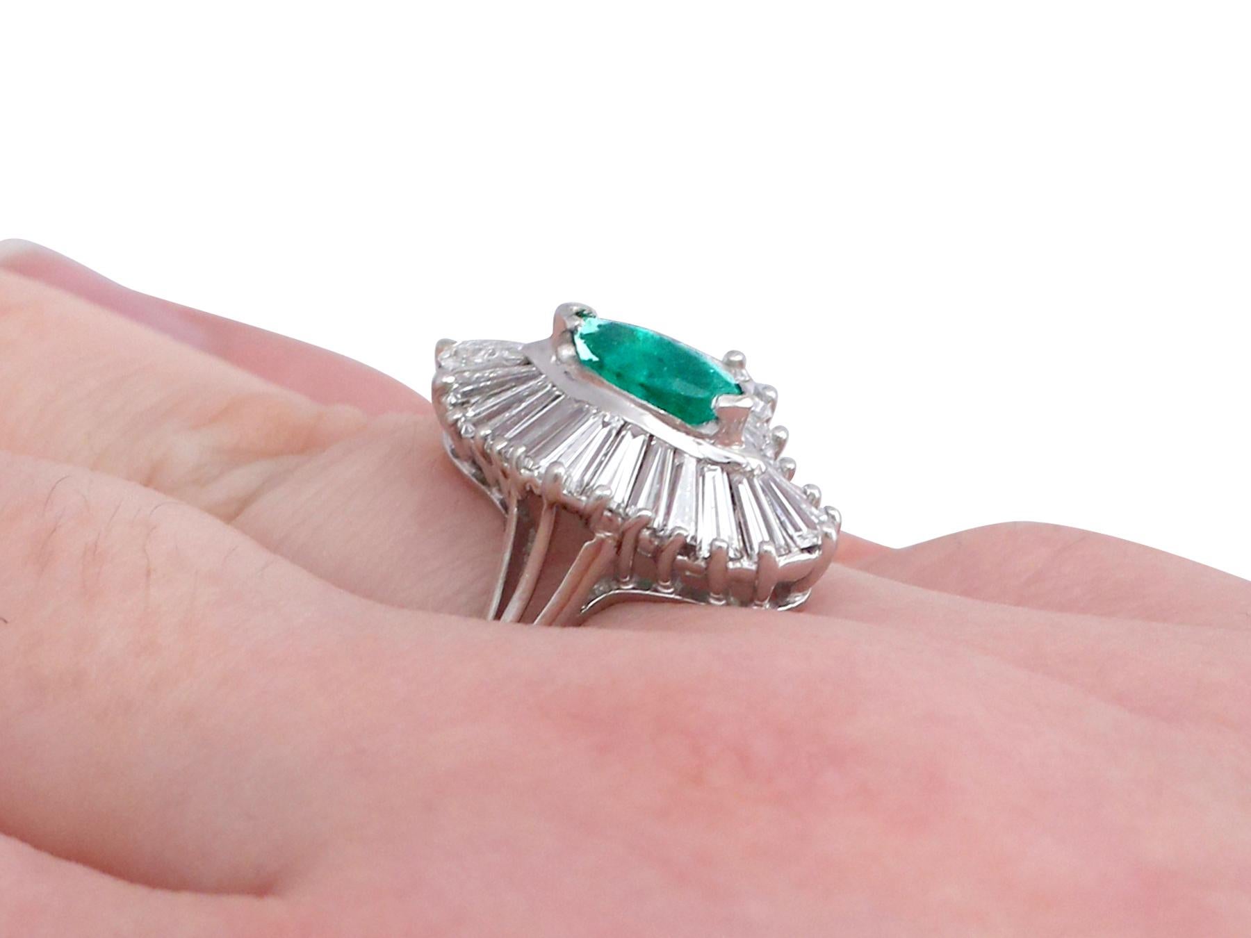 1970s, Vintage Emerald and 1.85 Carat Diamond Platinum Marquise Ring 1