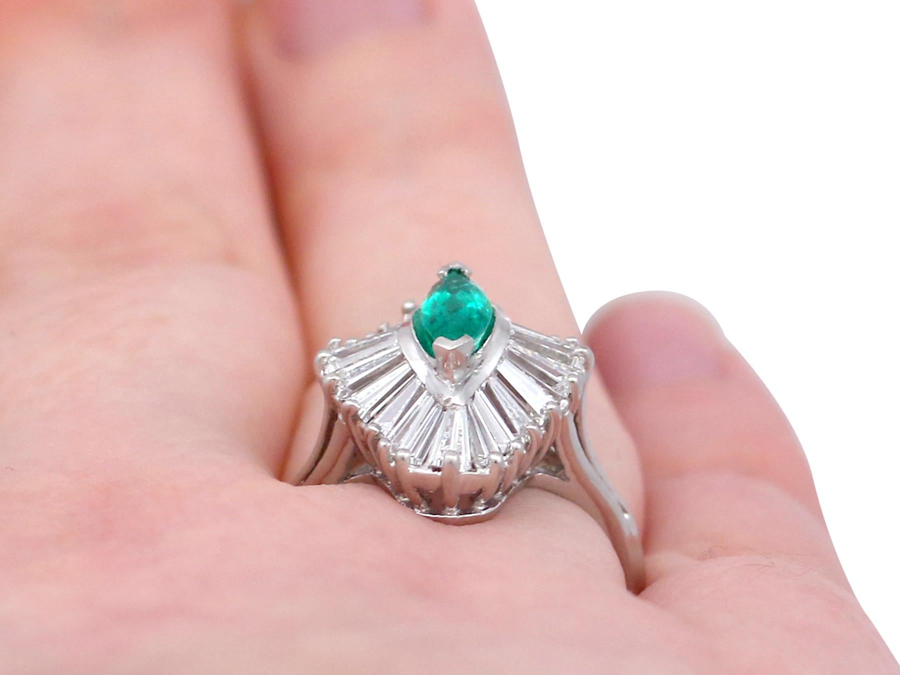 1970s, Vintage Emerald and 1.85 Carat Diamond Platinum Marquise Ring 2