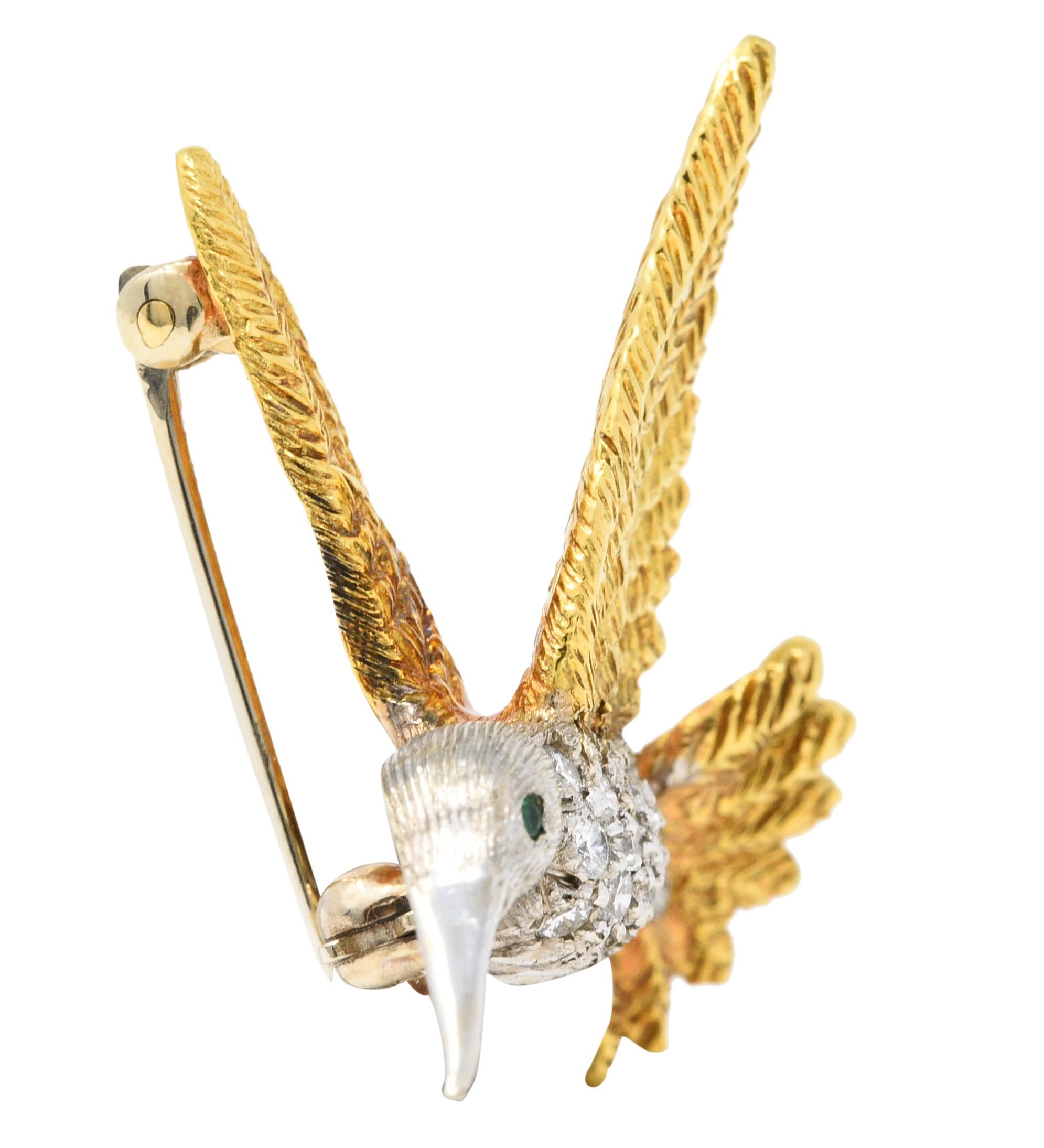 Contemporary 1970's Vintage Emerald Diamond 18 Karat Two-Tone Gold Hummingbird Brooch