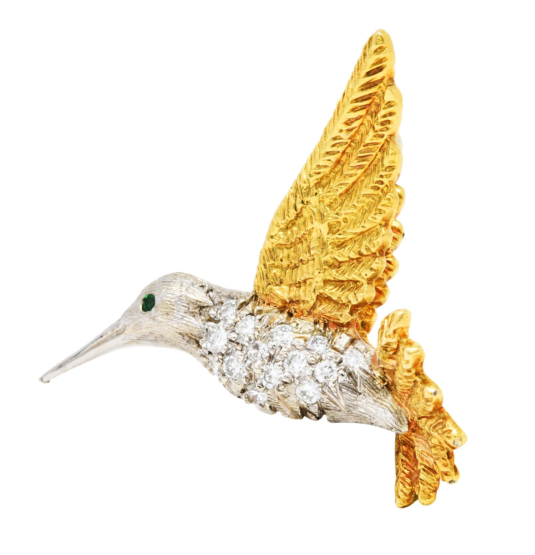 Women's or Men's 1970's Vintage Emerald Diamond 18 Karat Two-Tone Gold Hummingbird Brooch