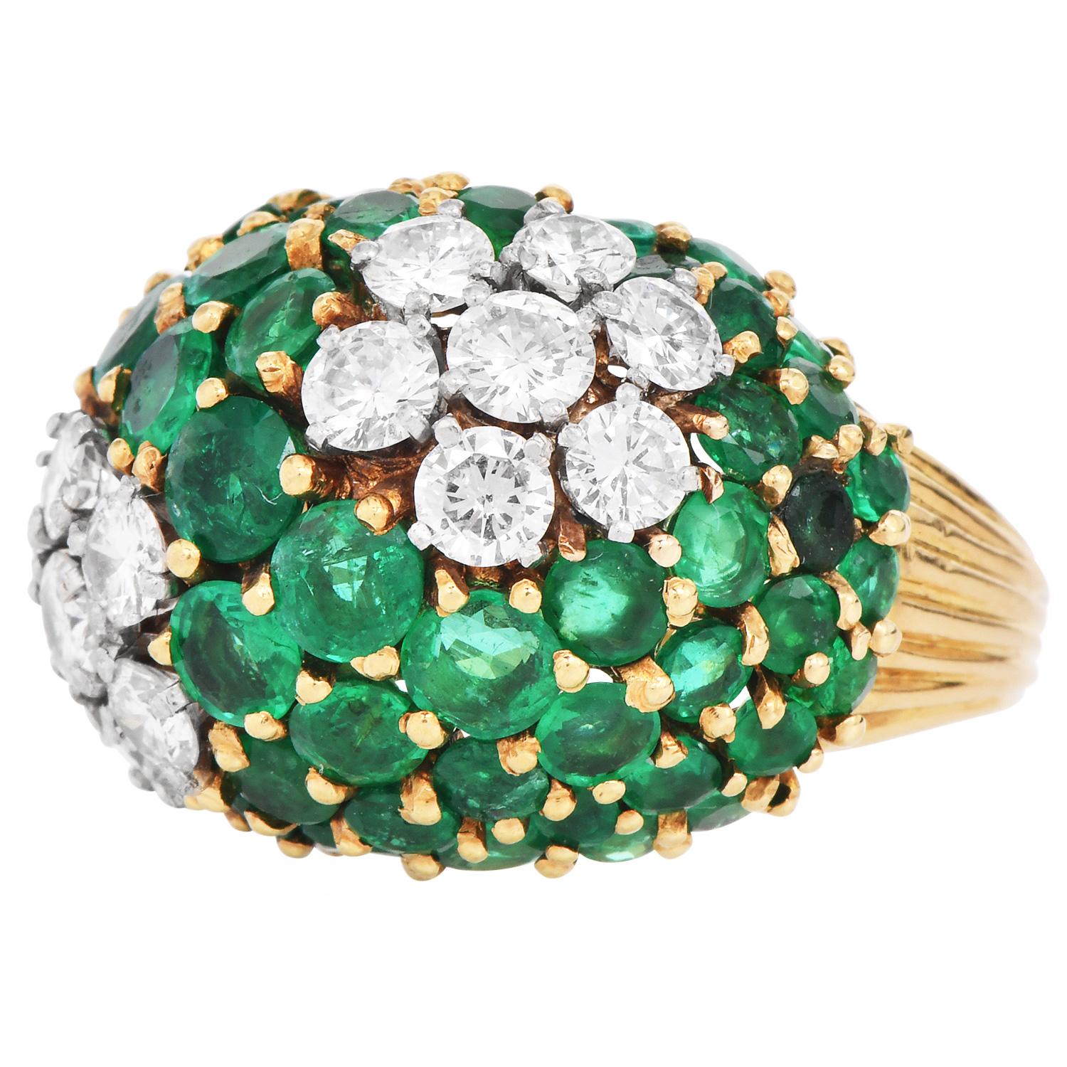 Retro 1970S Vintage Emerald Diamond Bombe Dome  Gold Cocktail Ring For Sale
