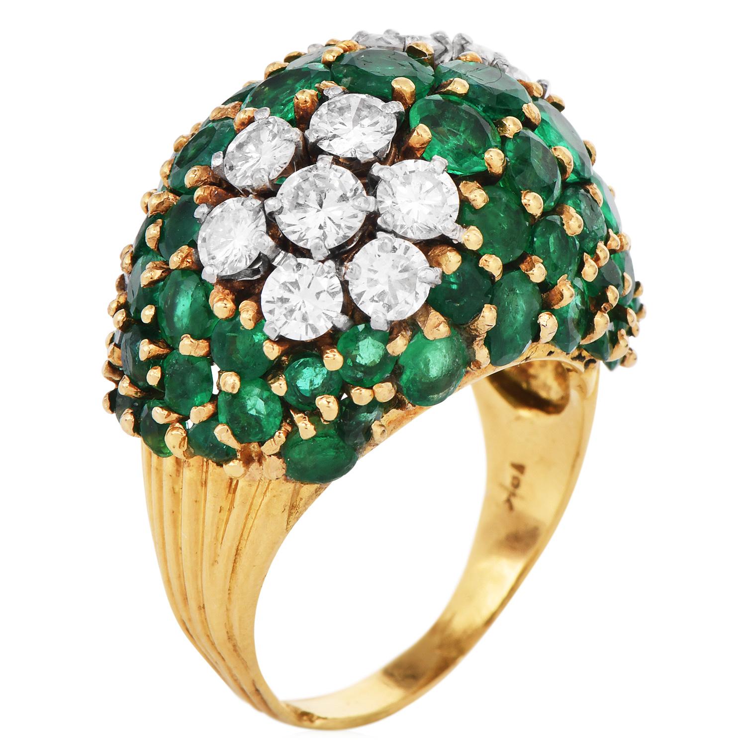 Emerald Cut 1970S Vintage Emerald Diamond Bombe Dome  Gold Cocktail Ring For Sale