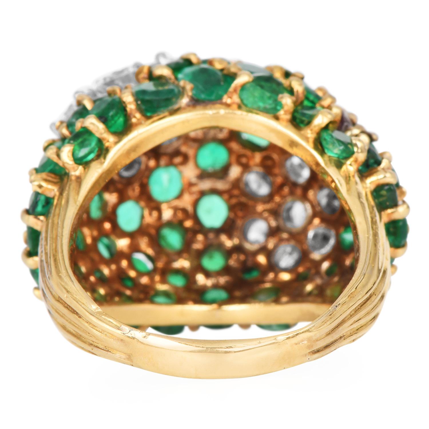 Women's 1970S Vintage Emerald Diamond Bombe Dome  Gold Cocktail Ring For Sale