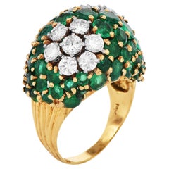 1970S Vintage Emerald Diamond Bombe Dome  Gold Cocktail Ring