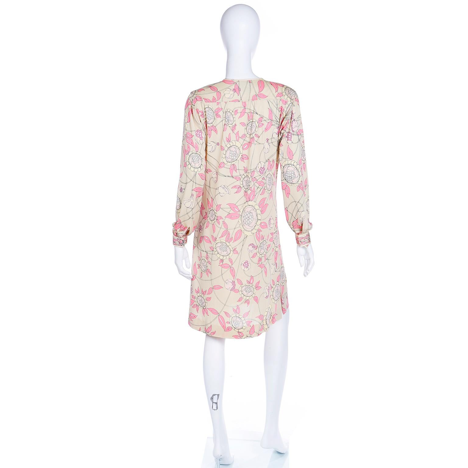 Women's 1970s Vintage Emilio Pucci Silk Jersey Pale Yellow & Pink Floral Dress For Sale