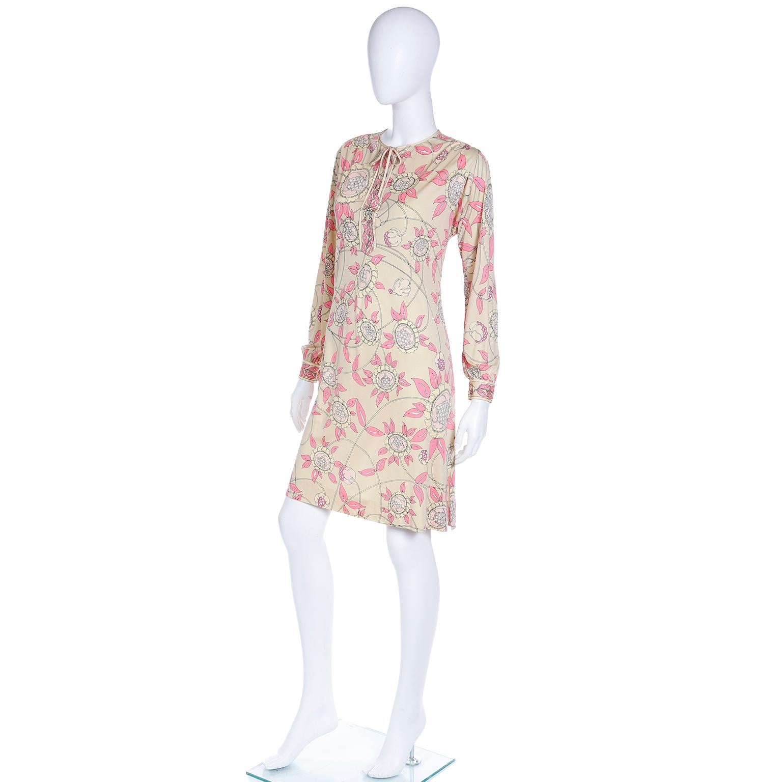 1970s Vintage Emilio Pucci Silk Jersey Pale Yellow & Pink Floral Dress For Sale 1