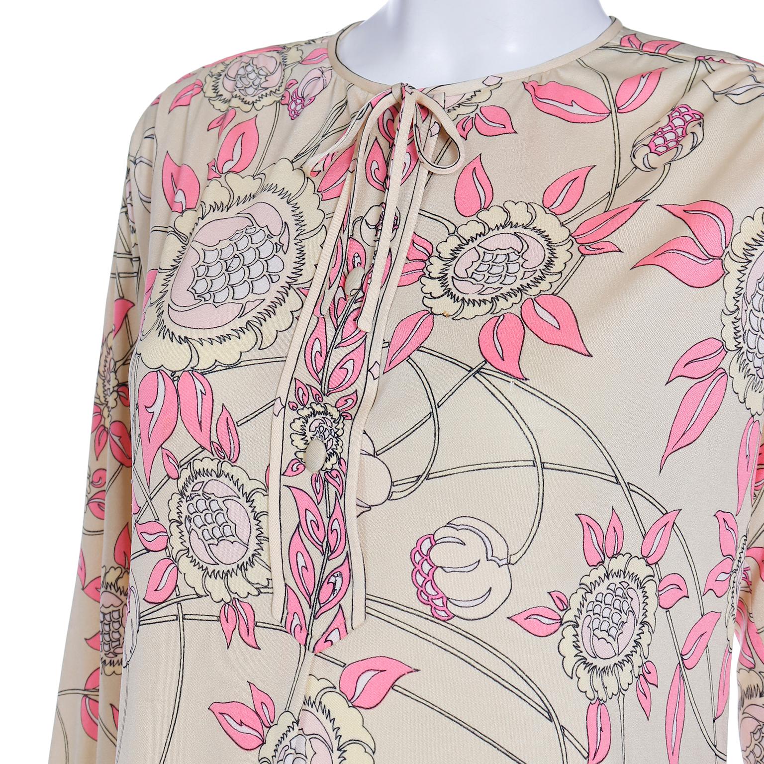 1970s Vintage Emilio Pucci Silk Jersey Pale Yellow & Pink Floral Dress For Sale 2