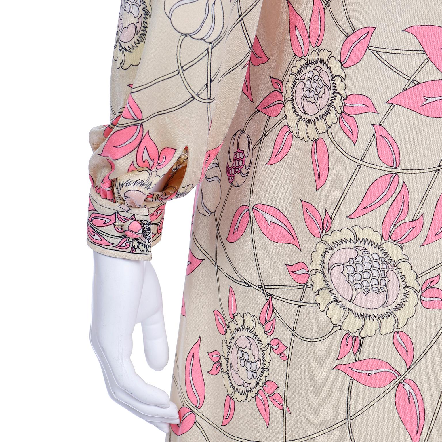 1970s Vintage Emilio Pucci Silk Jersey Pale Yellow & Pink Floral Dress For Sale 3