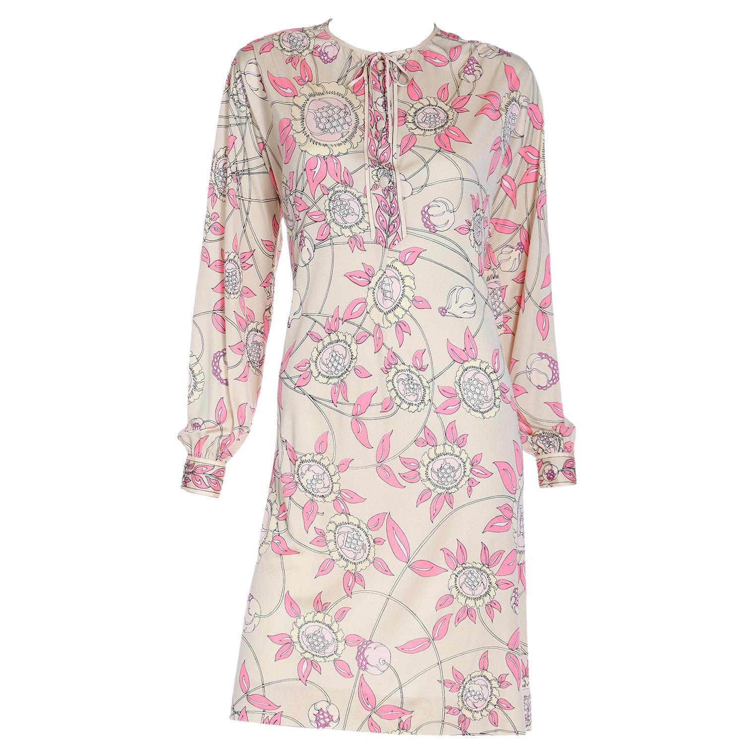 1970s Vintage Emilio Pucci Silk Jersey Pale Yellow & Pink Floral Dress For Sale