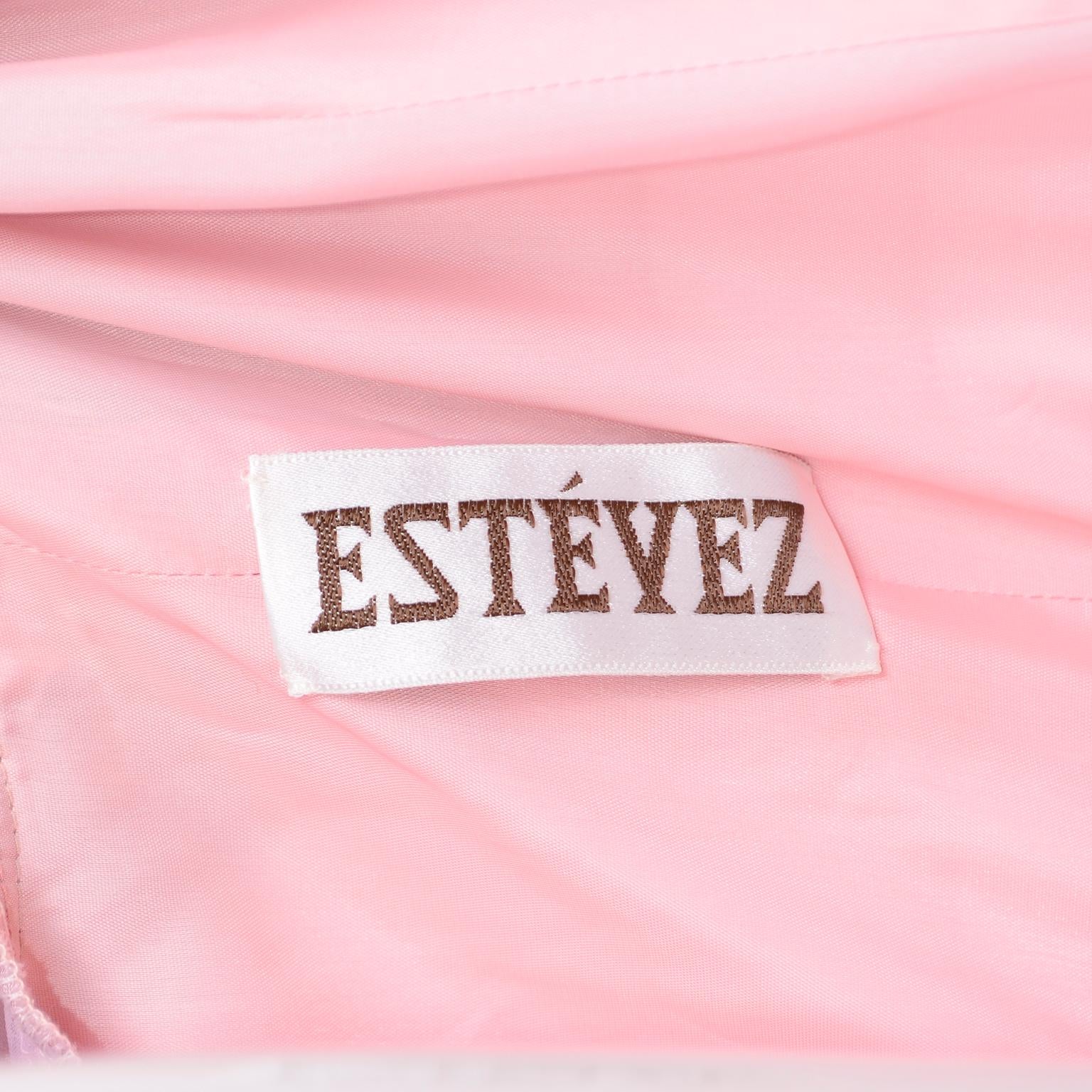 1970s Vintage Estevez Evening Dress in Pink Diamond Tonal Pattern w Ruching 5
