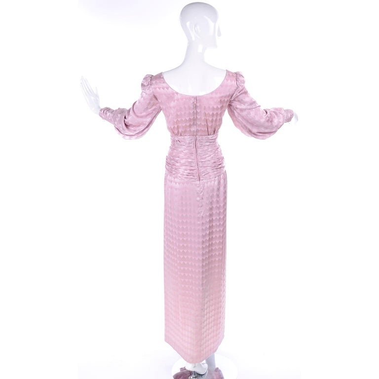 1970s Vintage Estevez Evening Dress in Pink Diamond Tonal Pattern w Ruching 1