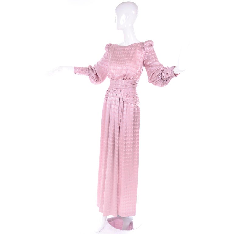 1970s Vintage Estevez Evening Dress in Pink Diamond Tonal Pattern w Ruching 2