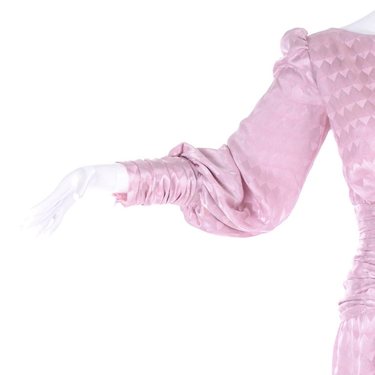 1970s Vintage Estevez Evening Dress in Pink Diamond Tonal Pattern w Ruching 3