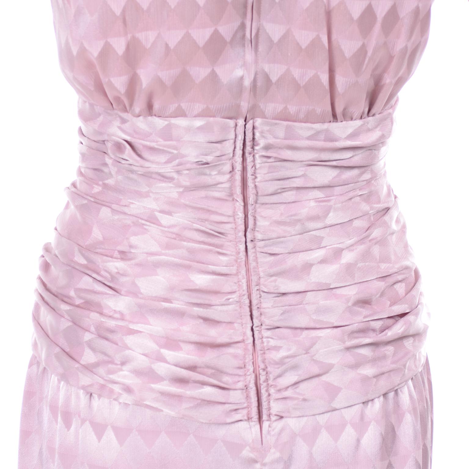 1970s Vintage Estevez Evening Dress in Pink Diamond Tonal Pattern w Ruching 2