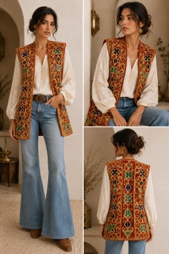 1970s Vintage Ethnic Velvet Embroidered Sleeveless Bohemian Vest