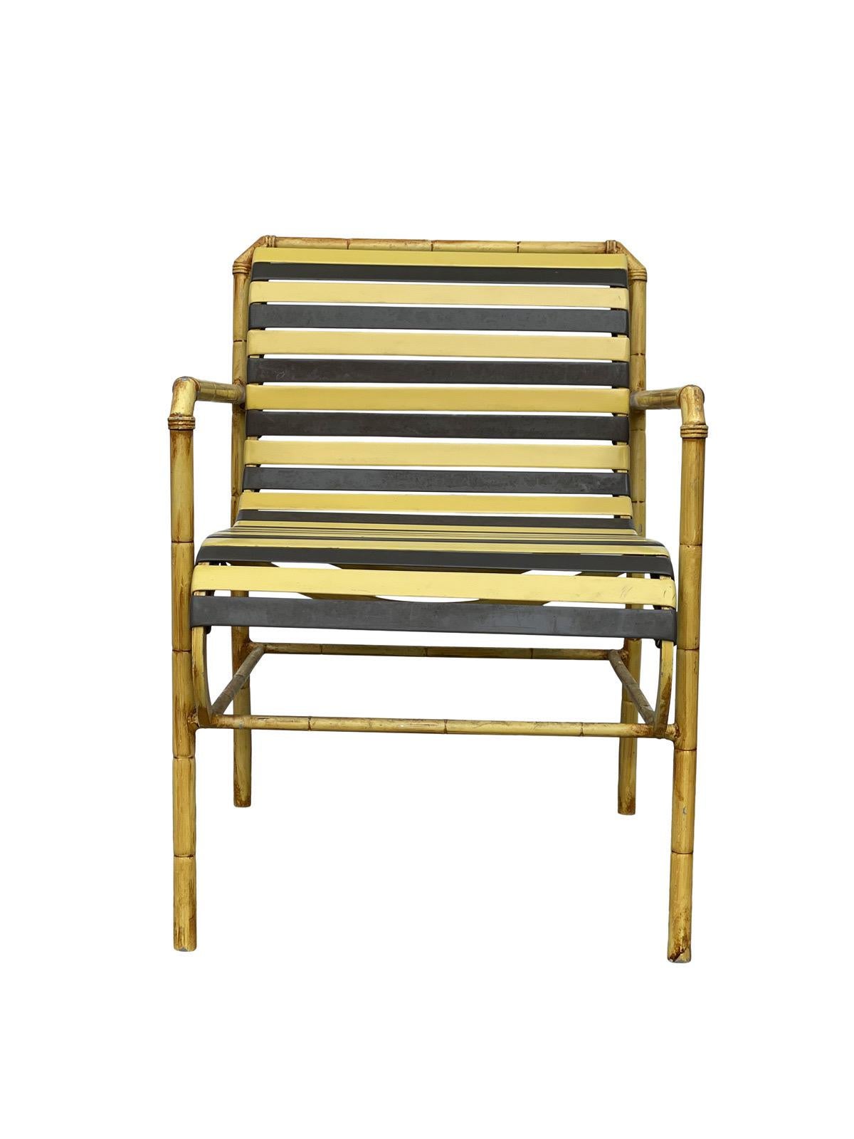 1970s Vintage Faux Bamboo Aluminum Yellow Hauser Pool Patio Dining Chairs In Good Condition For Sale In Bensalem, PA