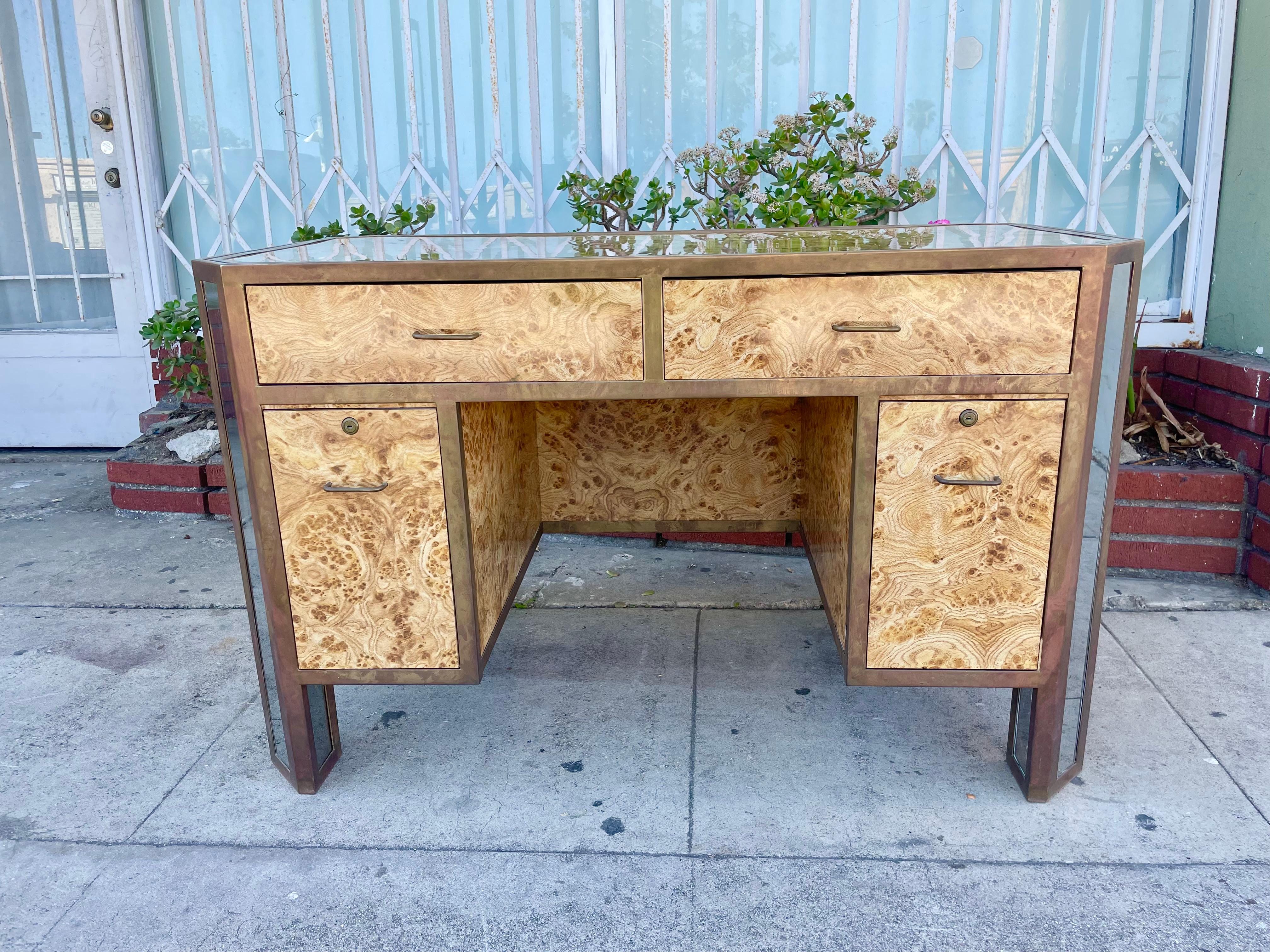 American 1970s Vintage Faux Burlwood with Brass & Glass Desk