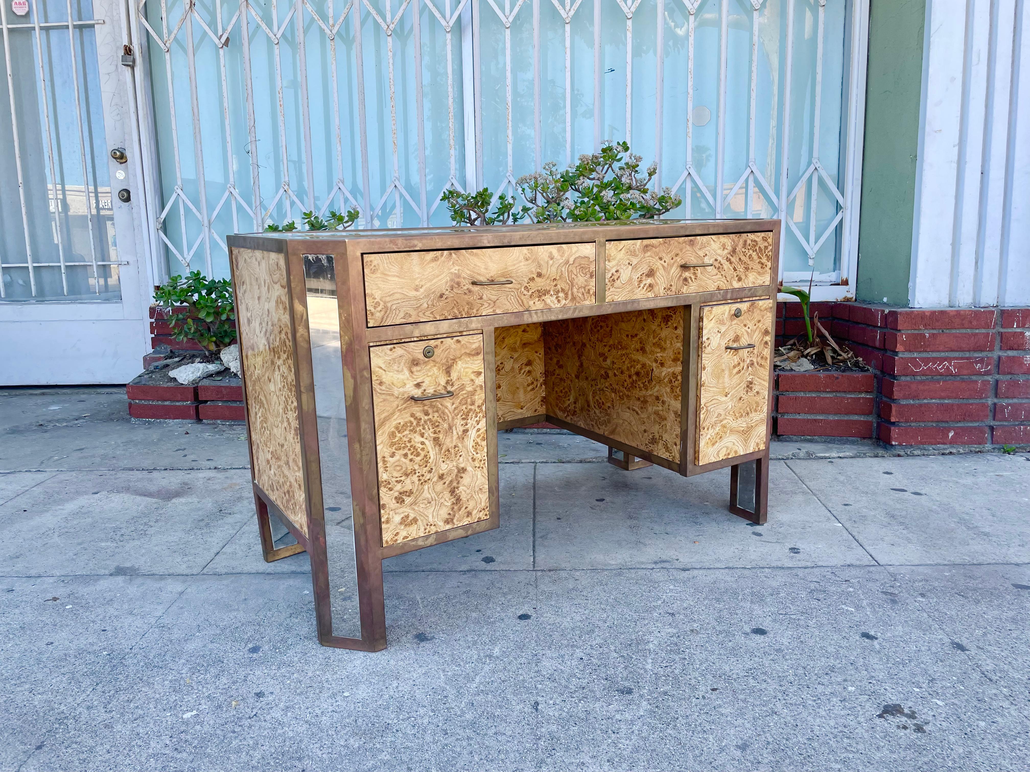 1970s Vintage Faux Burlwood with Brass & Glass Desk In Good Condition In North Hollywood, CA