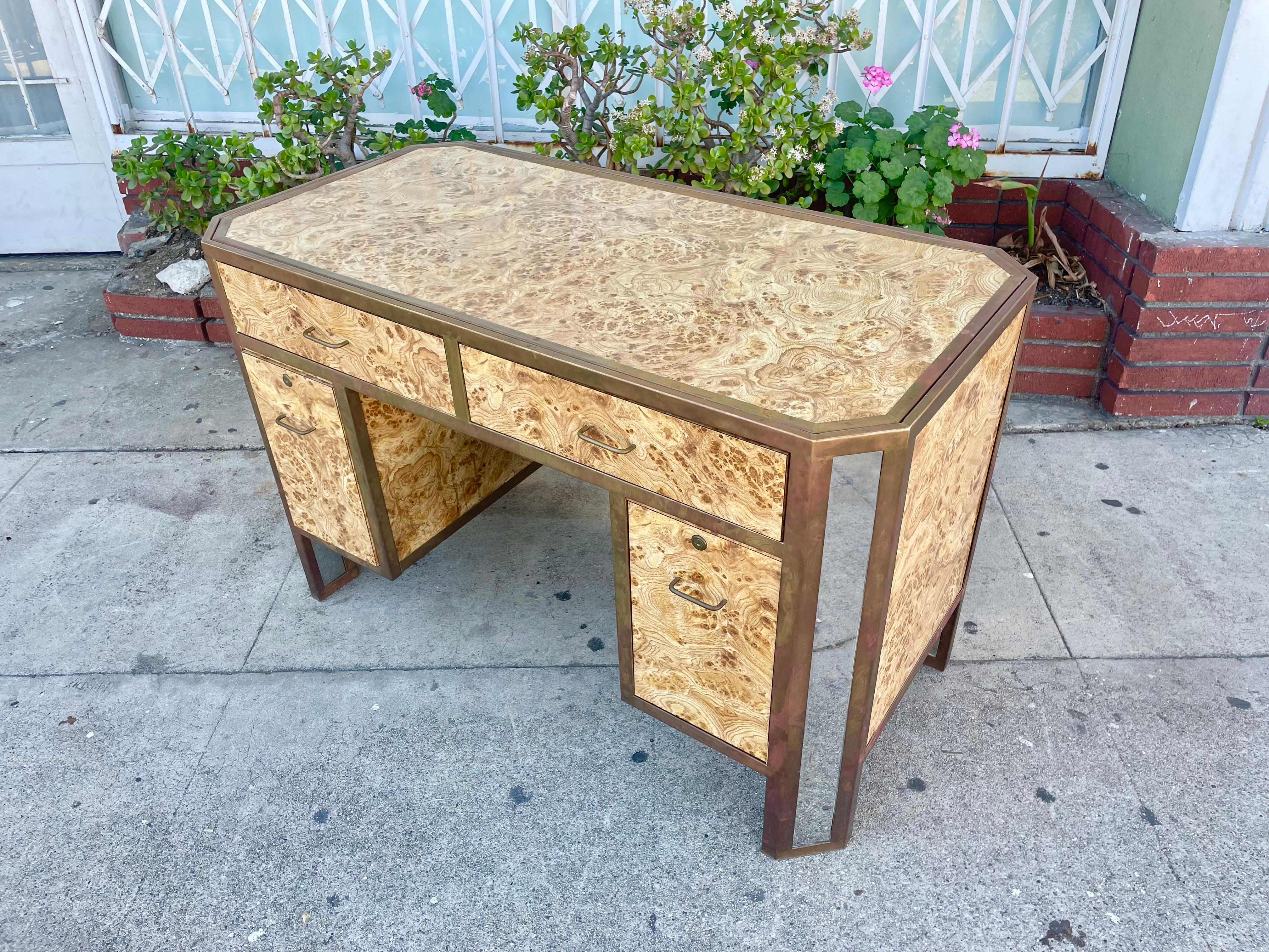 1970s Vintage Faux Burlwood with Brass & Glass Desk 2