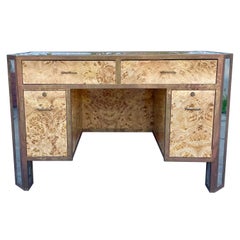 1970s Vintage Faux Burlwood with Brass & Glass Desk