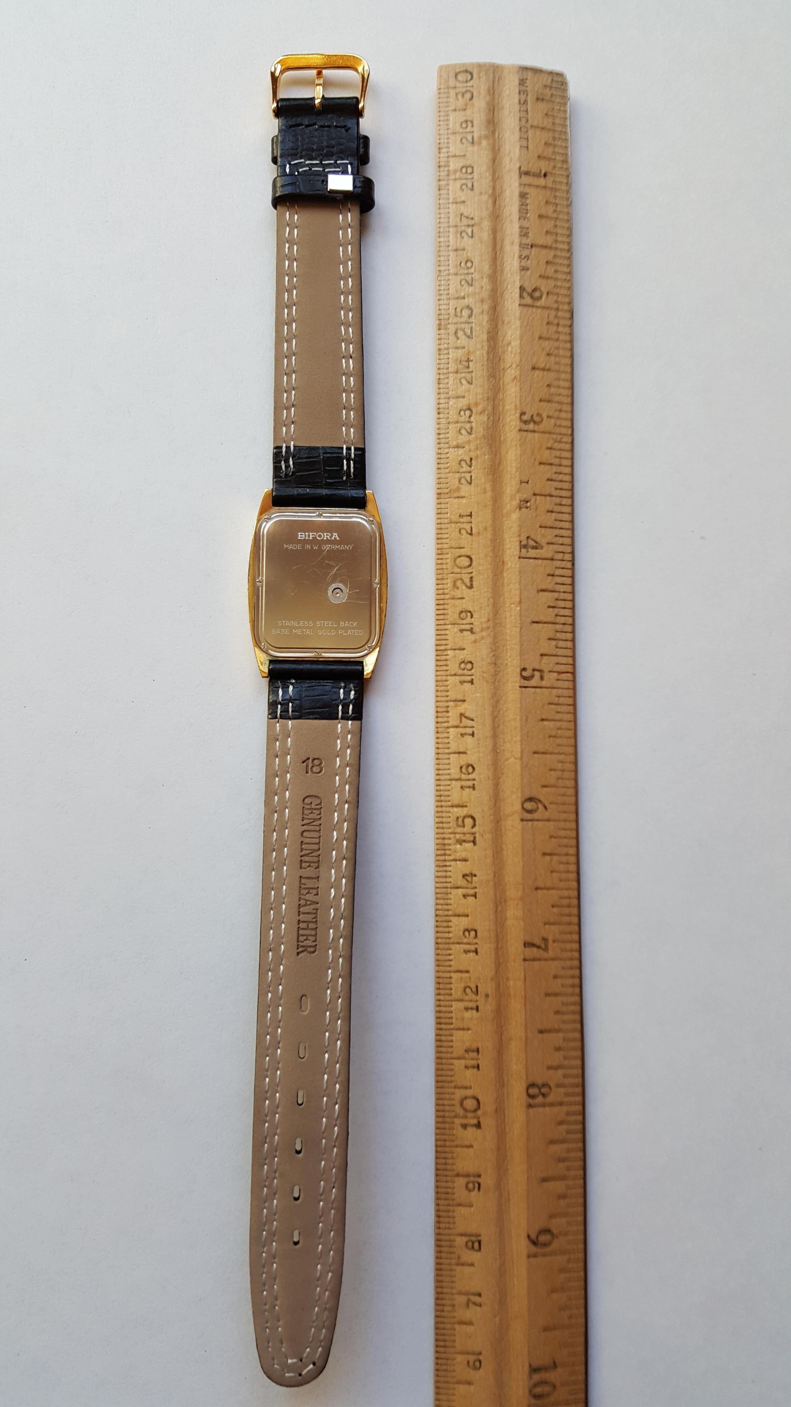 1970s Vintage Flat Plated Bifora Watch German Made Black Leather