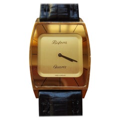 1970s Vintage Flat-Plated Bifora Watch, German Made, Black Leather, Gold Face