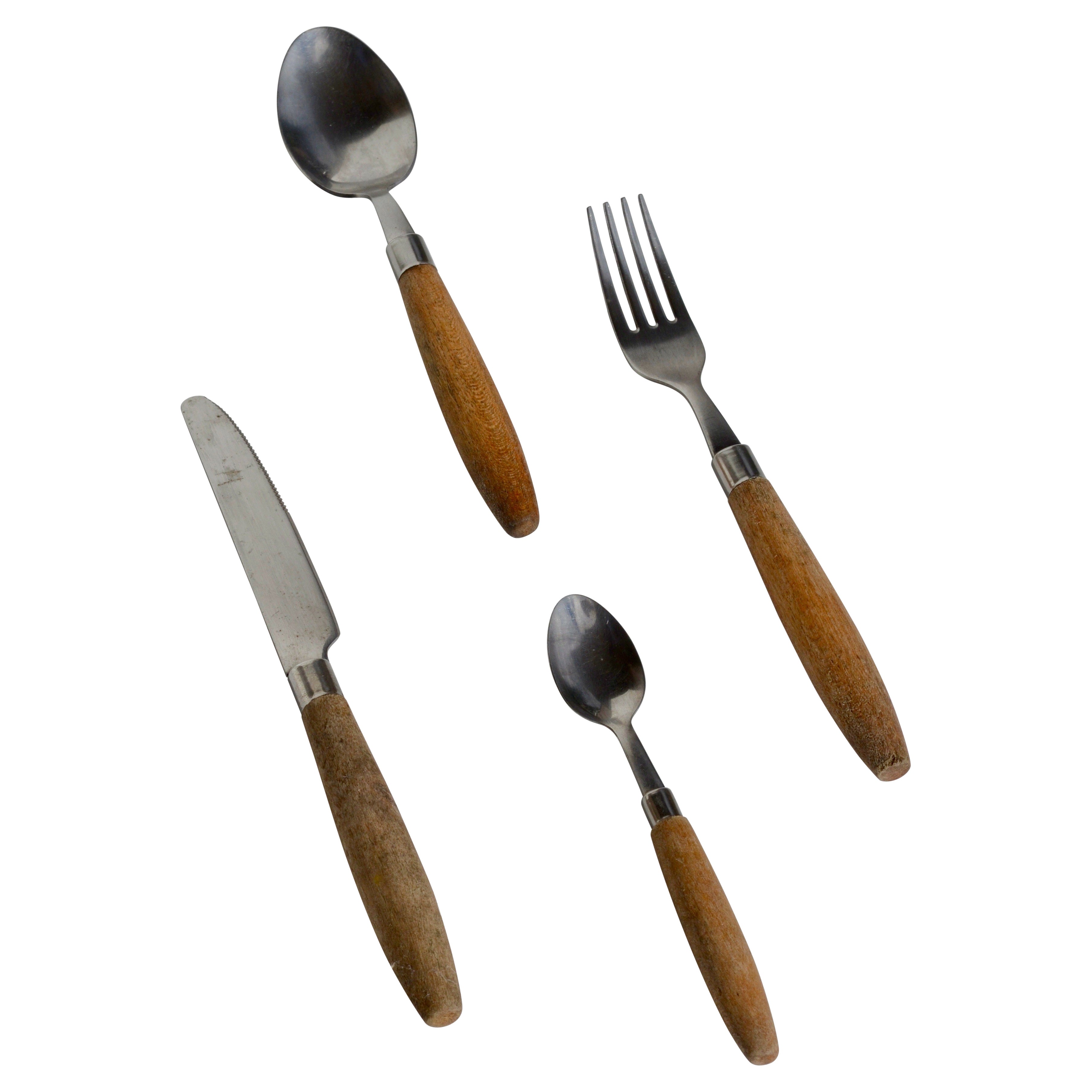 1970s Vintage Flatware Set in Stainless Steel and Turned Wood — 36 Pieces