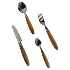 1970s Vintage Flatware Set in Stainless Steel and Turned Wood — 36 Pieces