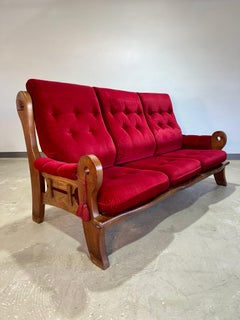 1970’s Vintage French Brutalist Oak and Red Velvet Sofa