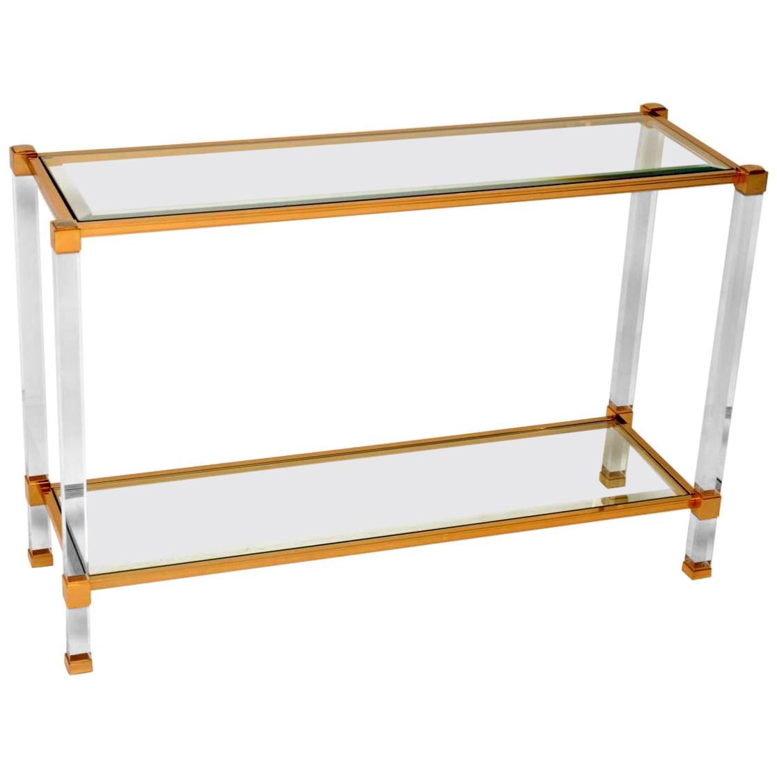 1970s Vintage French Glass, Lucite and Brass Console Table