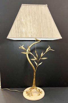 1970s Vintage French Jacques Duval Brasseur Gold Gilded Leaf Tree Lamp on Marble