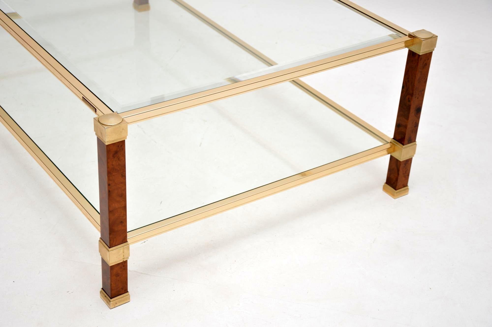1970s Vintage French Walnut, Brass and Glass Coffee Table 5