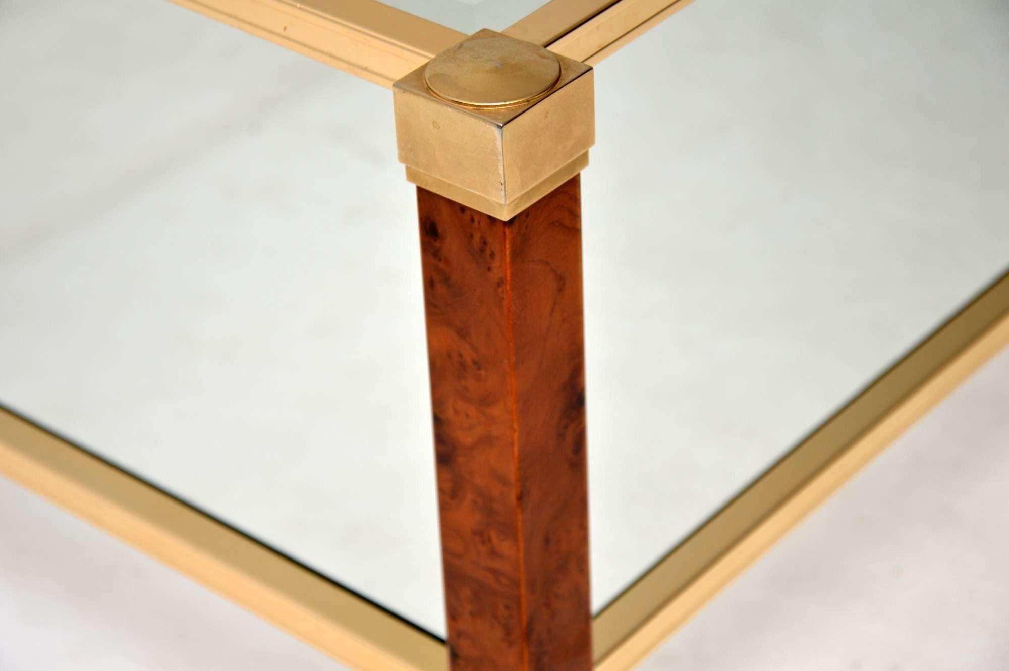 Mid-Century Modern 1970s Vintage French Walnut, Brass and Glass Coffee Table