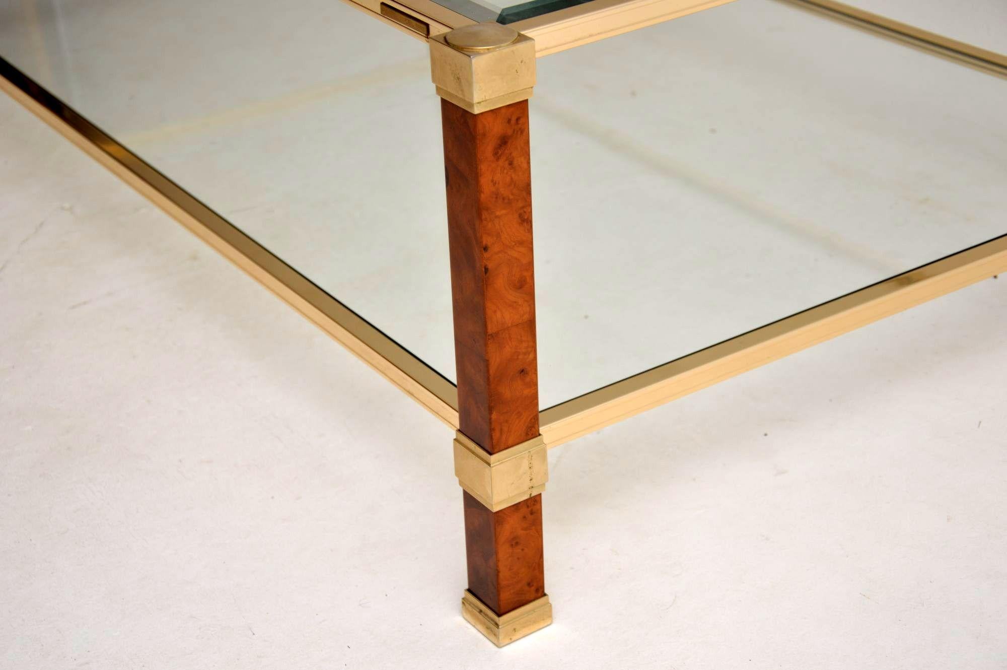 1970s Vintage French Walnut, Brass and Glass Coffee Table 1