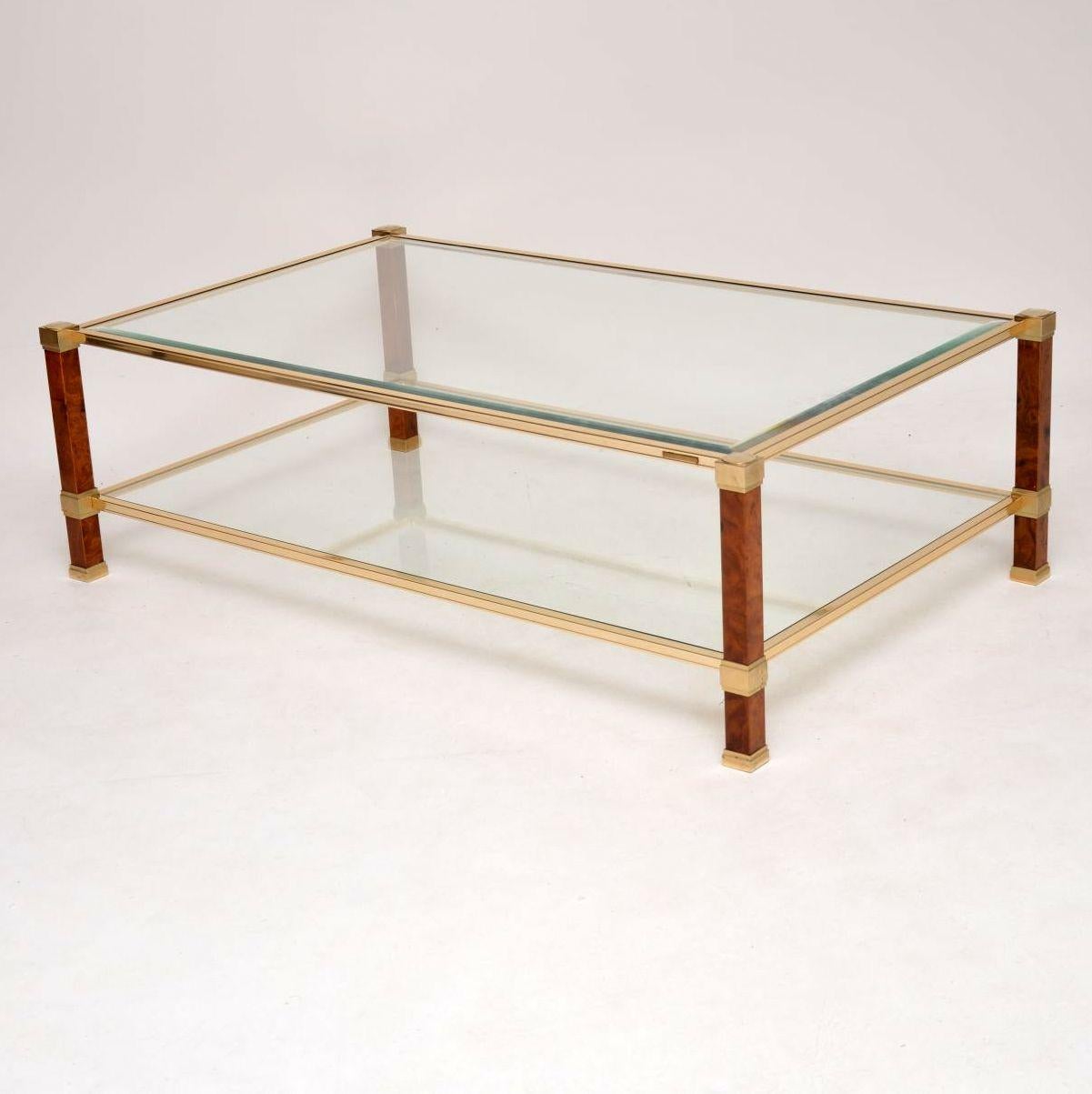 1970s Vintage French Walnut, Brass and Glass Coffee Table 4