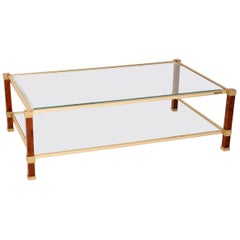 1970s Vintage French Walnut, Brass and Glass Coffee Table