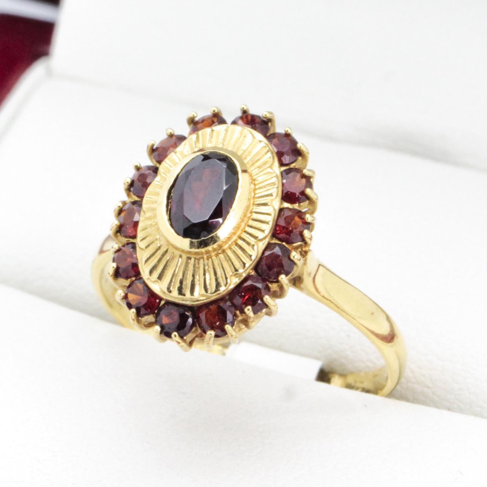 This 18ct yellow gold 15 stone Garnet cluster ring, features an Oval Garnet rub over set with grooved surround and an outer edge claw and grip set.

14 round Garnets on a swept up shoulder 1/4 round 2.27mm band.

The centre Garment measures 5.95 x
