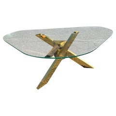 1970s Vintage Geometric Brass Glass Tripodal Coffee Table 1970s Retro Geometric Brass Glass Tripodal Coffee Table