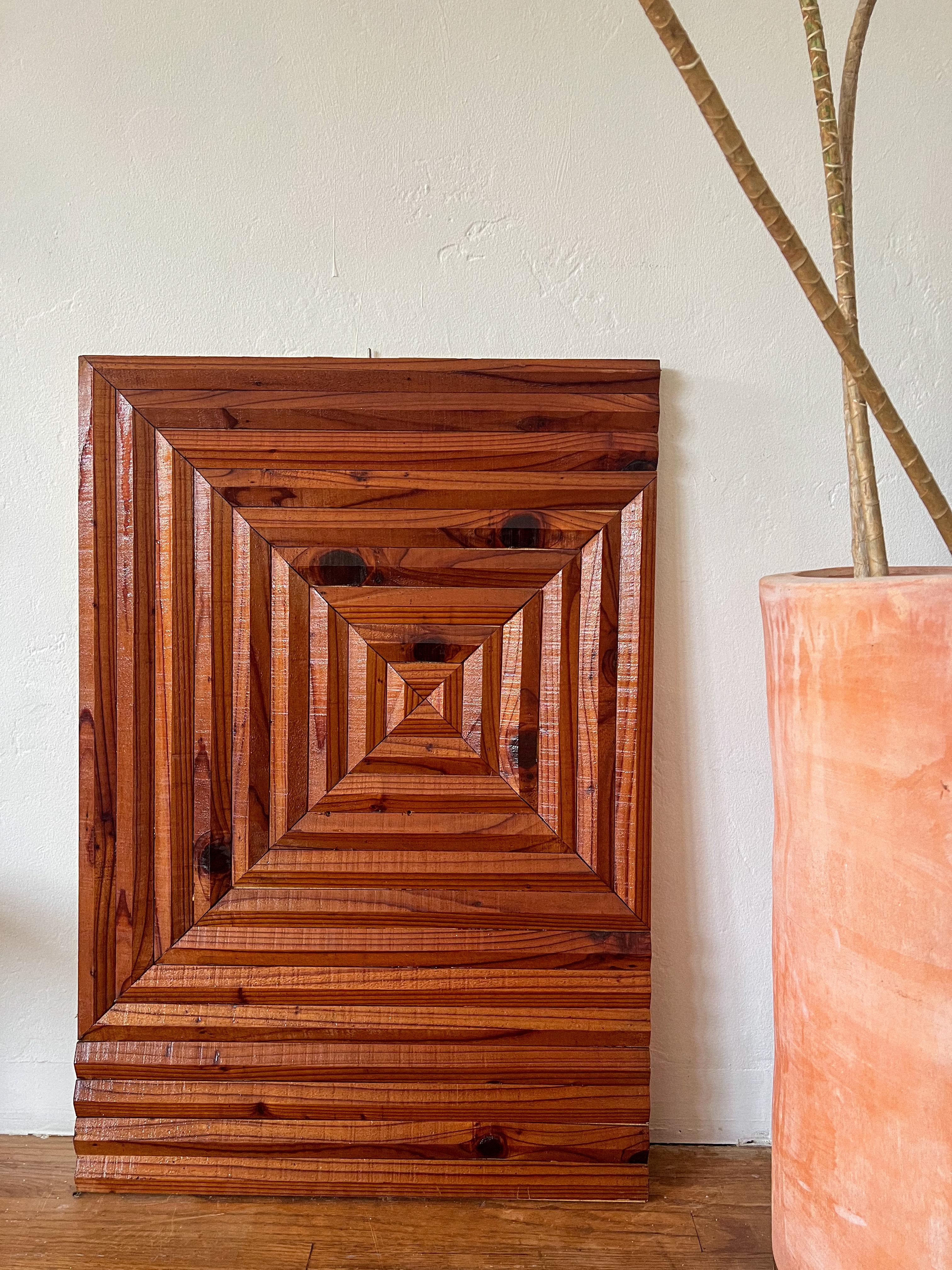 1970s Vintage Geometric Wood Wall Sculpture, Brutalist Relief Panel In Good Condition For Sale In La Mesa, CA