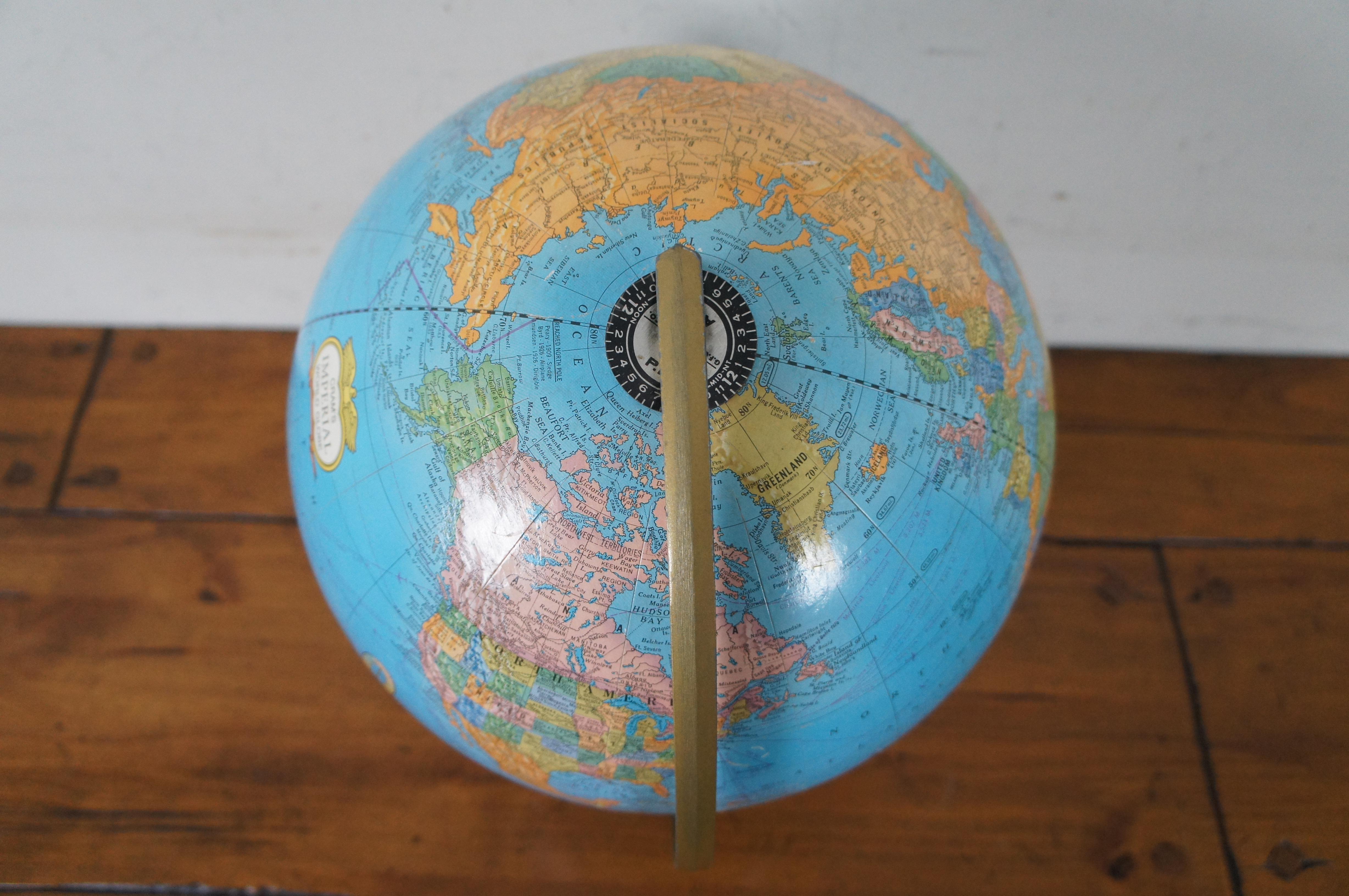 Brass 1970s Vintage George Crams Imperial World Globe & Stand USSR Atlas Map