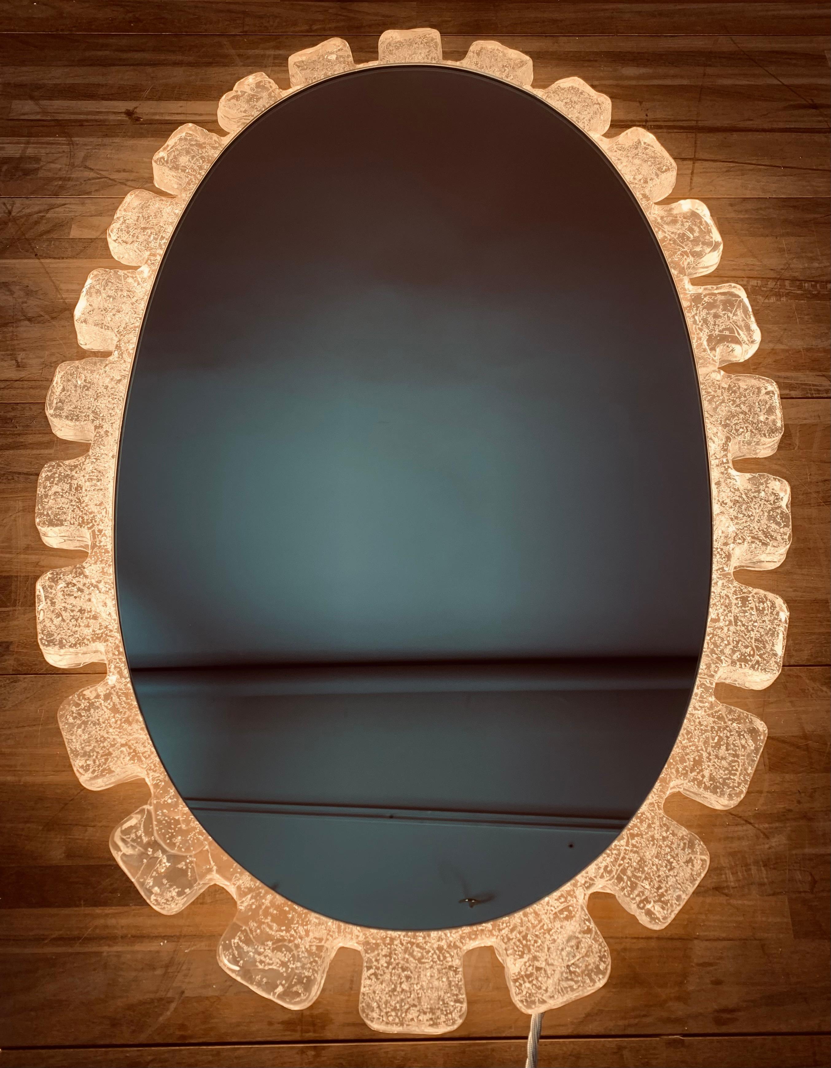 Mid-Century Modern 1970s Vintage German Illuminated Hillebrand Lucite Iced Frosted Oval Wall Mirror